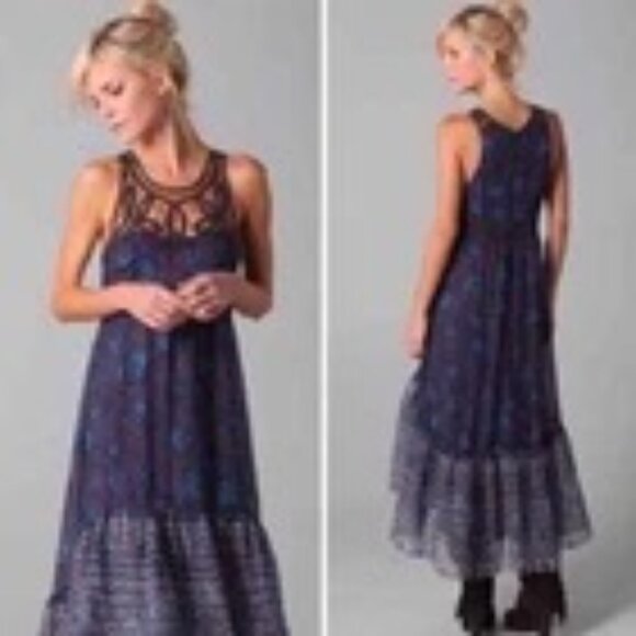 Free People Native Rose Purple Blue Floral Printed Midi Dress - Picture 1 of 10